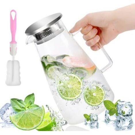 Carafe en Verre, 1.8L Carafe D'eau avec Couvercle et Anse Filtration Fine Cruche A Eau, pour Eau Chaude, Le Thé Glacé, Jus, Café, Lait, Vin (1/5)