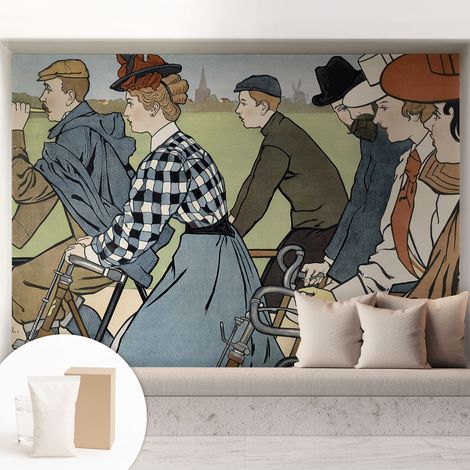 Tapete Vliestapete mit Kleber modern - Wanddeko für Küche - Klebefolie Wand - luxus Look Vintage-Radfahrer 208x146 cm (1/5)