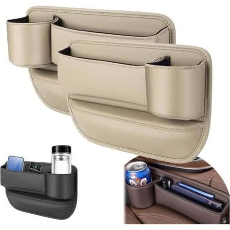Organisateur de rangement pour siège d'auto - wj - Beige - Cuir PU - Plastique ABS - Porte-gobelet intégré (1/4)