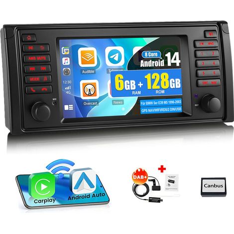 Autoradio Android 14 7" 6Go+128Go pour BMW Série 5 E39 - GPS, Apple CarPlay, Wi-Fi, RDS - 6+128G DAB+ (1/5)