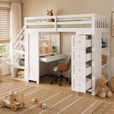 Cama infantil alta 90x200 cm con escritorio, almacenaje y escalera OKMYHOME (1/5)