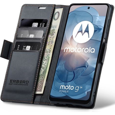 Funda para Motorola Moto G24 / G24 Power / G04, erbord Glossy Litchi, tipo cartera con solapa, color negro. (1/5)