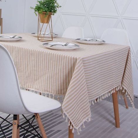 Tovaglia rettangolare in cotone e lino a righe con nappe, lavabile, resistente all'olio, antimacchia, facile da pulire, per interni, esterni, giardino, sala da pranzo e feste, 100x140 cm (1/4)