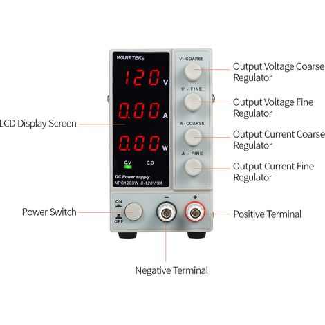 Alimentation CC à découpage Wanptek NPS1203W 0-120 V 0-3 A avec affichage LED 3 chiffres, réglage haute précision, mini-alimentation CA 115 V/230 V 50/60 Hz, double sortie régulée en tension et couran (1/5)