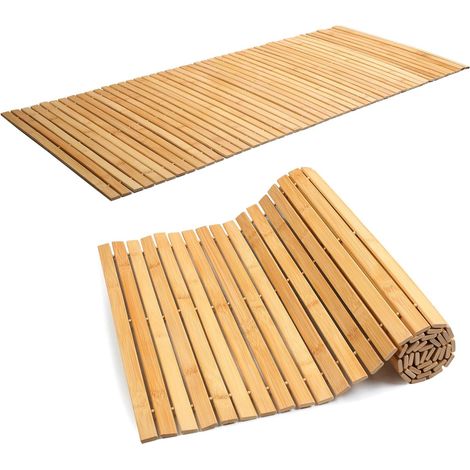 Tapis de bain en bambou, 120 x 50 cm, antidérapant, enroulable, pour salle de bain et sauna (1/5)