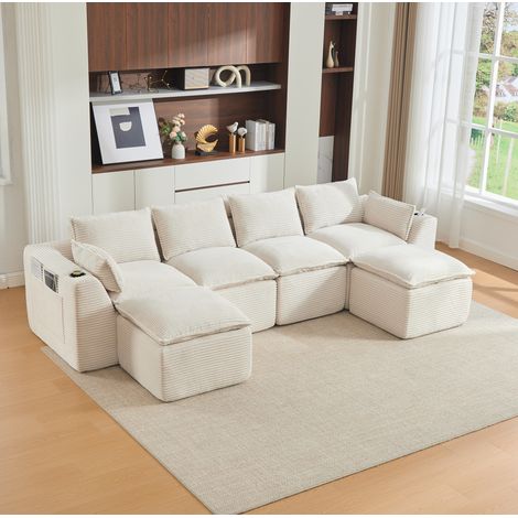 FloraGrace Canapé modulable 4 places, 322 x 161 x 75 cm, velours côtelé beige, coussins et poches latérales (1/5)