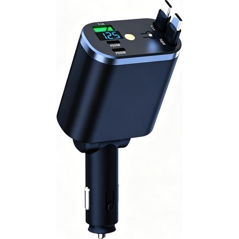4 en 1 Rétractable Chargeur Voiture USB C120W Super Rapide, Chargeur Allume Cigare avec Double Câble Rétractable 70cm, Multi-Appareils, Affichage Numérique, Accessoire Voiture Interieur (1/5)