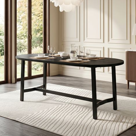 Table 180x80x75cm, coins arrondis sécurisés, piètement fer robuste, pour 6 à 8 personnes, design simple, noir, plateau durable et structure stable (1/5)