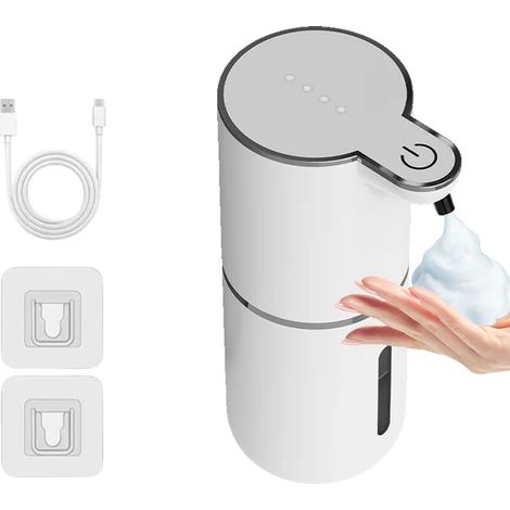 Distributeur de savon électrique rechargeable (mousse blanche) 380 ml, 4 niveaux de pression réglables, avec capteur automatique et pompe intelligente pour machine à laver. (1/5)