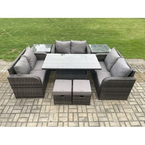 Fimous Salon de jardin en rotin 3 pièces Love Sofa et Table à manger réglable en hauteur avec 2 Tables d'appoint 2 Petits poufs (1/5)