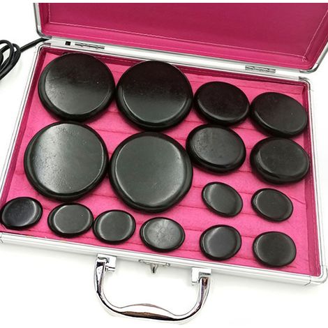 Ensemble de chauffe-pierres de massage pour améliorer la circulation sanguine. Pierres chaudes électriques pour spa, avec coffret en aluminium et prise américaine 110 V. (1/5)