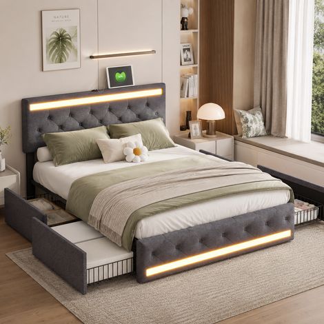 Lit double 160x200 cm avec sommier et 4 tiroirs de rangement, lit rembourré en lin avec tête de lit à led et station de charge usbtype-c, gris (1/5)