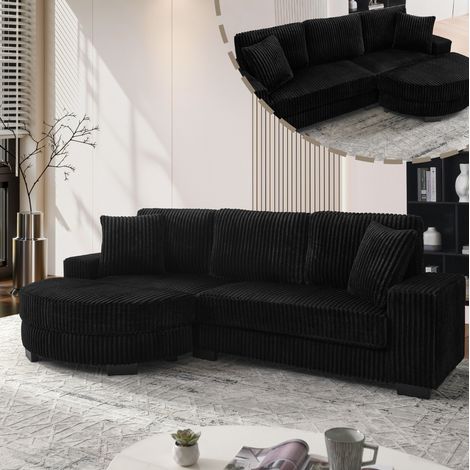 Ecksofa 256.5x133.5x89 cm Schwarz Cord mit Schaumstoffpolsterung und modularem Ovalhocker (1/5)