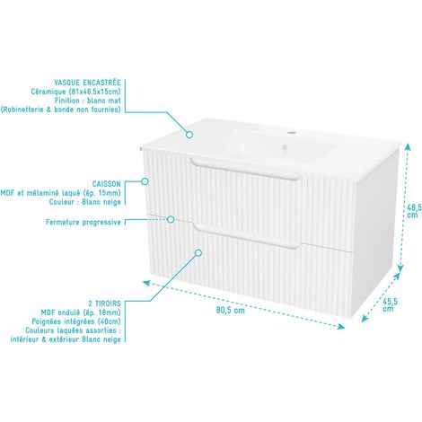 meuble de salle de bains leon 80cm blanc neige - 2 tiroirs en mdf ondulés - vasque à encastrer — vue 4