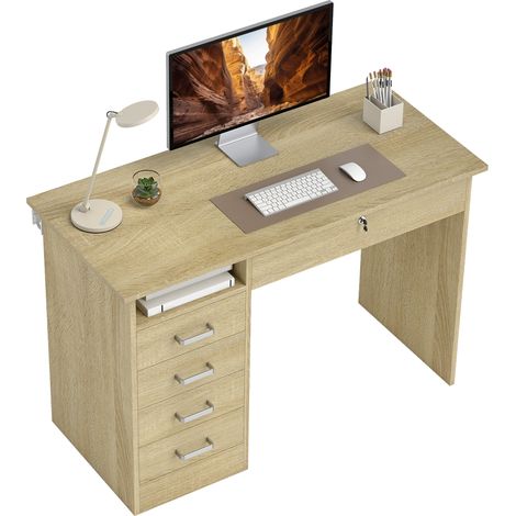 Bureau Dorno Informatique 5 Tiroirs Verrouillable Style Chêne Naturel Élégante (1/5)