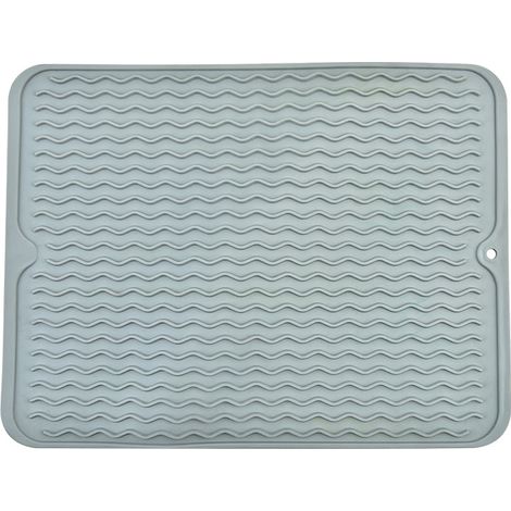 Grand tapis égouttoir à vaisselle en silicone gris 40 x 30 cm, résistant à la chaleur jusqu'à 220 °C, antidérapant et pliable pour évier. (1/5)