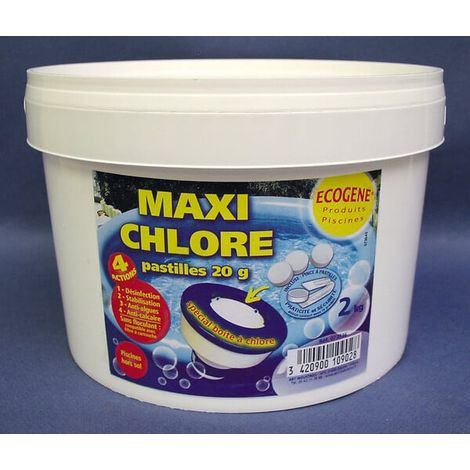 MAXI CHLORE LENT PASTILLES 20 G 4 ACTIONS - SPECIAL BOÎTE A CHLORE - SANS FLOCULANT - COMPATIBLE AVEC FILTRE A CARTOUCHE - SEAU DE 2 KG