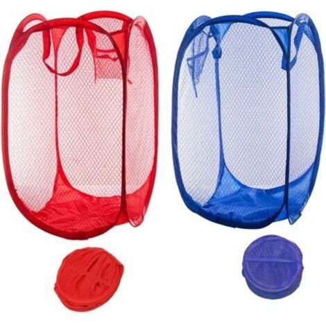 Lot de 2 paniers à linge pliables en maille, portables et sales, pour chambre à coucher, chambre d'enfant, dortoir d'université et voyage (bleu foncé + rouge)