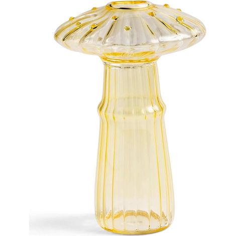 Vase En Verre - Forme Champignon - Hauteur 12 cm - Pour Fleurs Fraîches ou Séchées - Décoration Intérieure - Jaune - Unité (1/4)