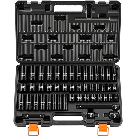Jeu de Douilles à Choc 3/8", 48 PCS, Douilles à 6 Pans en Acier Allié Cr-V, Métriques 8-19 mm, 21-22 mm, SAE 5/16"-3/4", avec Rallonge, Adaptateur et Mallette de Rangement, pour Véhicules (1/5)
