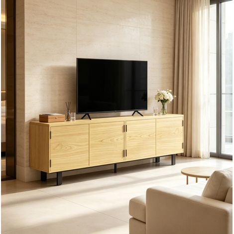 Meuble TV 180 cm avec 4 portes à pression, supporte TV jusqu'à 82 pouces, rangement salon naturel (1/5)