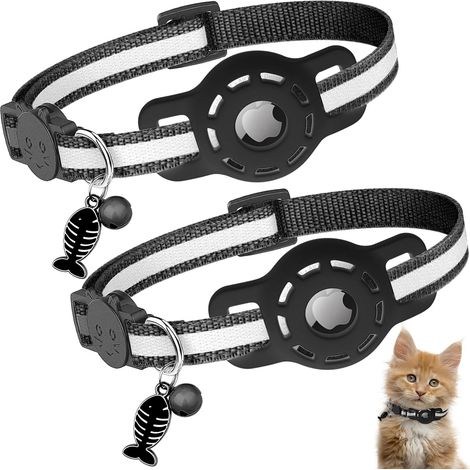 2PCS Collier Chat avec Accessoire Compatible Airtag, Réglable Réfléchissant Collier pour Chat avec Cloche, Anti étranglement et Boucle de Sécurité, Compatible avec Airtag - Noir (1/5)