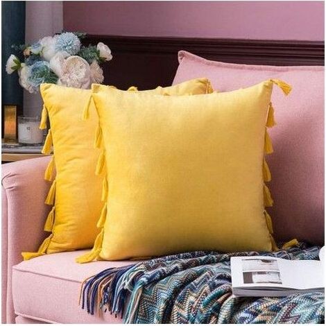 Taie d'oreiller en velours - Velours doux - Franges élégantes - Jaune citron - 45x45 cm - Lot de 2 (1/5)