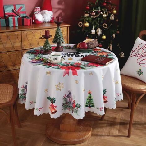 Christmas Round Tablecloth, Stain Resistant and Washable, Large Winter Decorative Tablecloth for Christmas, Party, Buffet, Holiday Dinner, M, 150cm (1/5)