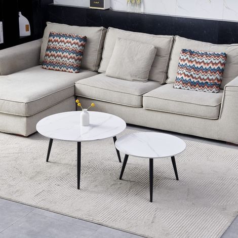 Set tavolini da salotto con piano ceramica effetto marmo bianco lucido e gambe nere - BICOLOR (1/4)