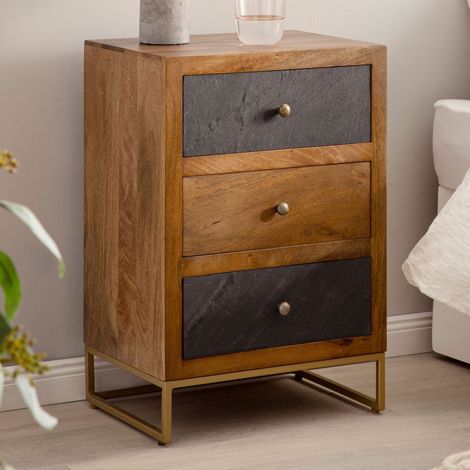 Chevet 3 tiroirs 40x30x60 cm en manguier et plastique anthracite