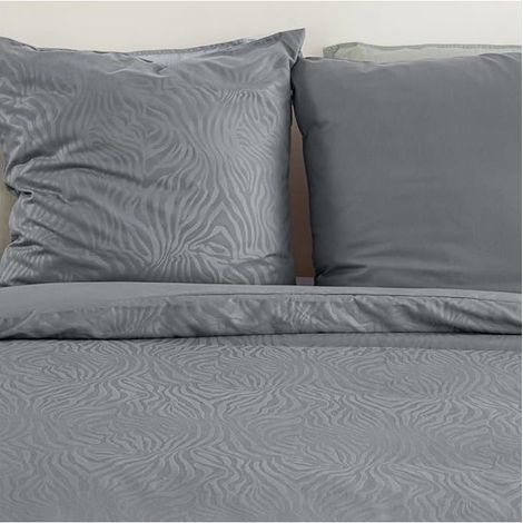 Parure de lit 220x240 Adulte - Housse de Couette imprimé zèbre et uni + 2 Taies d'oreiller 63x63 cm– en Microfibre frappé gris (1/5)