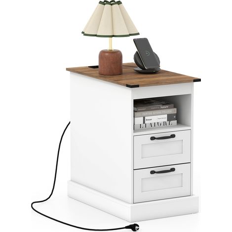 Costway – Table de chevet connectée avec 2 tiroirs MDF – 2 prises AC et ports USB – Rangement pratique – Design rustique blanc