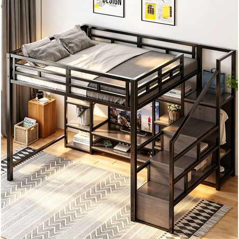 Lit mezzanine métal noir et MDF 140x200 cm avec support TV, prise intégrée et échelle de rangement (1/5)