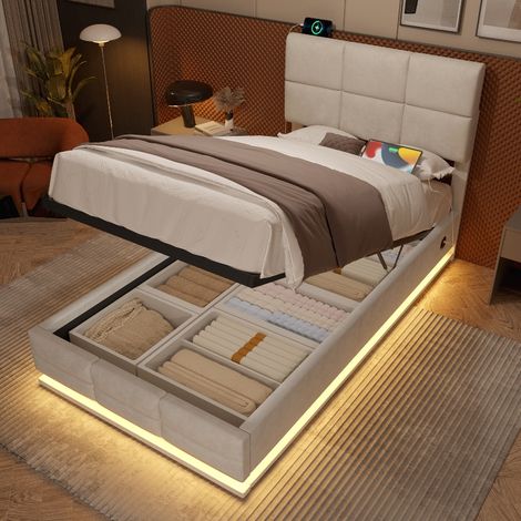 Polsterbett 90x200 beige mit XXL-Stauraum und hydraulischem Lift, dimmbarer LED-Beleuchtung, USB-Anschluss & verstellbarem Kopfteil aus Samt (1/5)