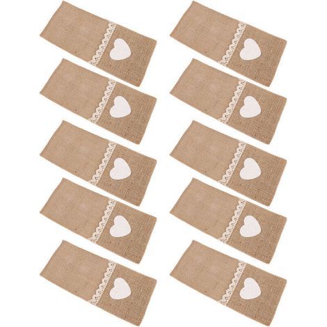 10 pcs Jute dentelle porte-couverts toile de jute couteau fourchette poche pochette pour mariage fête de Noël DecorCutlery couleur originale avec forme de coeur. (1/4)
