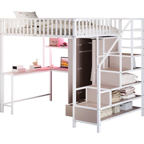 Lit mezzanine métal blanc 140x200 cm avec bureau, armoire, étagères, tiroirs, LED et prises, échelle rangement (1/5)