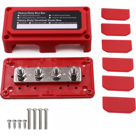 Bornier 12V Barre de bus 300A Blocs de distribution robuste Poteaux 4X M8 Borne Distribution Batterie Bus Bar 12 Volt - 48V CC pour voiture/RV/Bateau/Marine/Système solaire, Rouge (1/5)