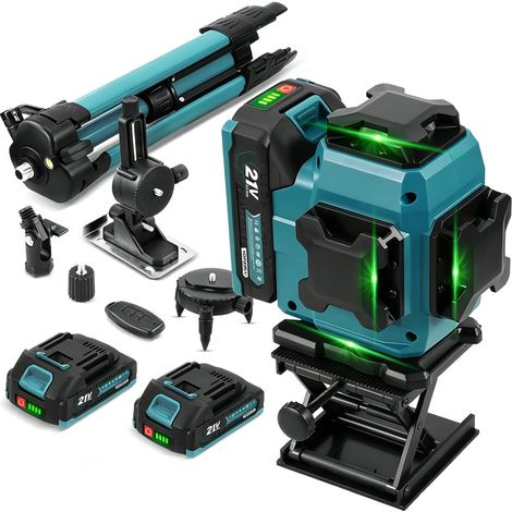 21-V-Laser-Nivelliergerät, 4D, grün, 16 Laserlinien, selbstnivellierend, Kreuzlinien-Laser, Reichweite 25 m, IP54, mit 2 Akkus und 1 m Stativ (1/5)