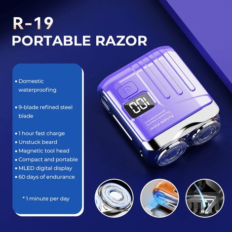 Rasoir électrique intelligent (R19 Bleu), affichage numérique, mini tête de rasage double lame, rasoir de voyage, rechargeable (1/3)