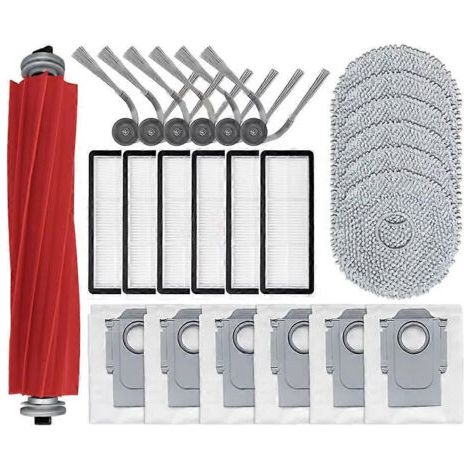 Pièces détachées et accessoires pour balai serpillière Roborock QR797 QV35A : brosse principale, filtre HEPA et lingette.