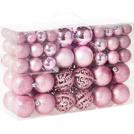 Set of 100 Christmas Baubles Pink Plastic Hanging Traditional Modern Style Xmas Tree Christmas Balls Glitter Matt Decor VANERN