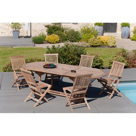 Macabane – Table de jardin extensible ovale 180/240 cm – En teck brut imputrescible – 8/10 personnes – Trou pour parasol – Entretien facile (1/5)