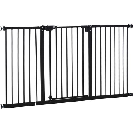 Barrière pour chien à trois voies avec largeur réglable jusqu'à 147,5 cm et fermeture automatique, noire.