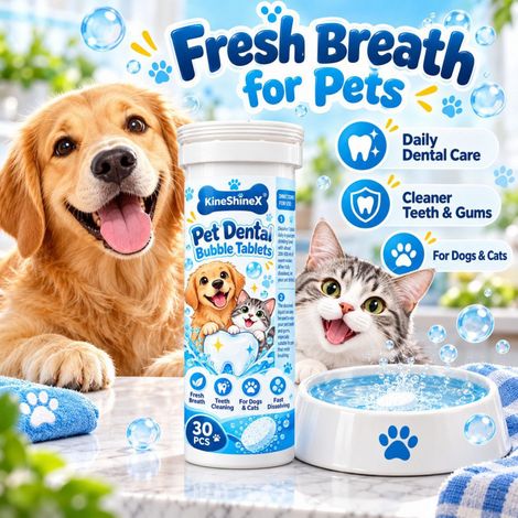 KineShineX Pet Dental Cleaning Bubble Tablets, Oral Cleaning Tablets for Dogs and Cats, Instantly Dissolves in Warm Water, Drinkable Type (1/4)