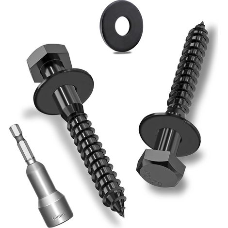 Lot de 12 vis à bois hexagonales M8 x 50 mm avec rondelles, vis hexagonales noires en acier inoxydable A2V2-DIN571, vis à clé avec rondelles et clé à douille (1/5)