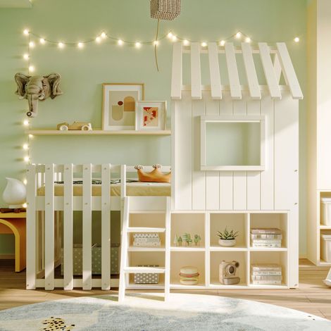 Kinderbett Hausbett 90x200 mit Stauraum Massivholz Weiß OKMYHOME (1/5)