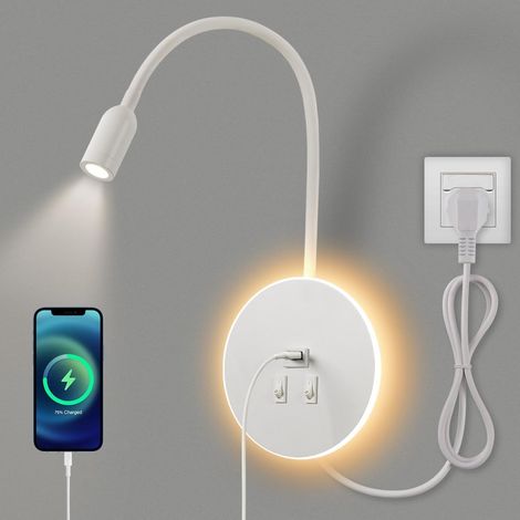 LED Schwanenhals leselampe wandlampe USB-Aufladung mit schalter verstellbarer Strahler wandleselampe Bettlampe innen Leselicht Schlafzimmer (3W 3000K+8W 6000K) mit Stecker und Kabel,Weiß (1/5)