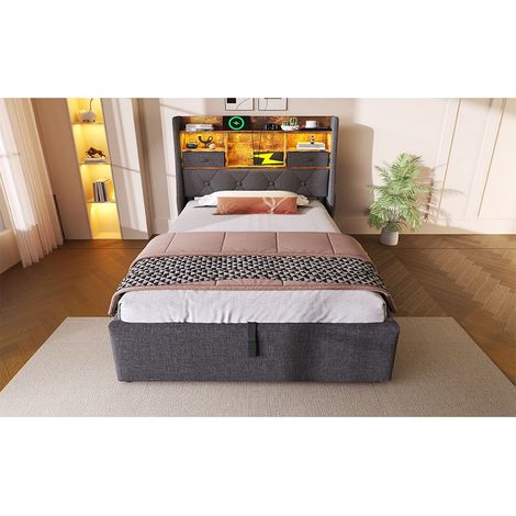 Lit 90x200 cm avec tête de lit LED, rangement hydraulique, 4 ports usbtype-c, sommier inclus, tissu lin gris, sans matelas (1/5)