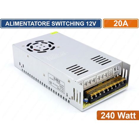 ALIMENTATORE METALLICO STABILIZZATO SWITCHING CON TRIMMER 220V-12V 20A 240 WATT PER ILLUMINAZIONE E SISTEMI DI VIDEOSORVEGLIANZA CCTV