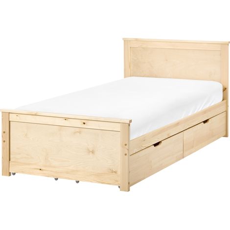 Cama con 4 cajones de madera de pino MDF de abedul estilo escandinavo 90 x 200 cm natural Dauphin